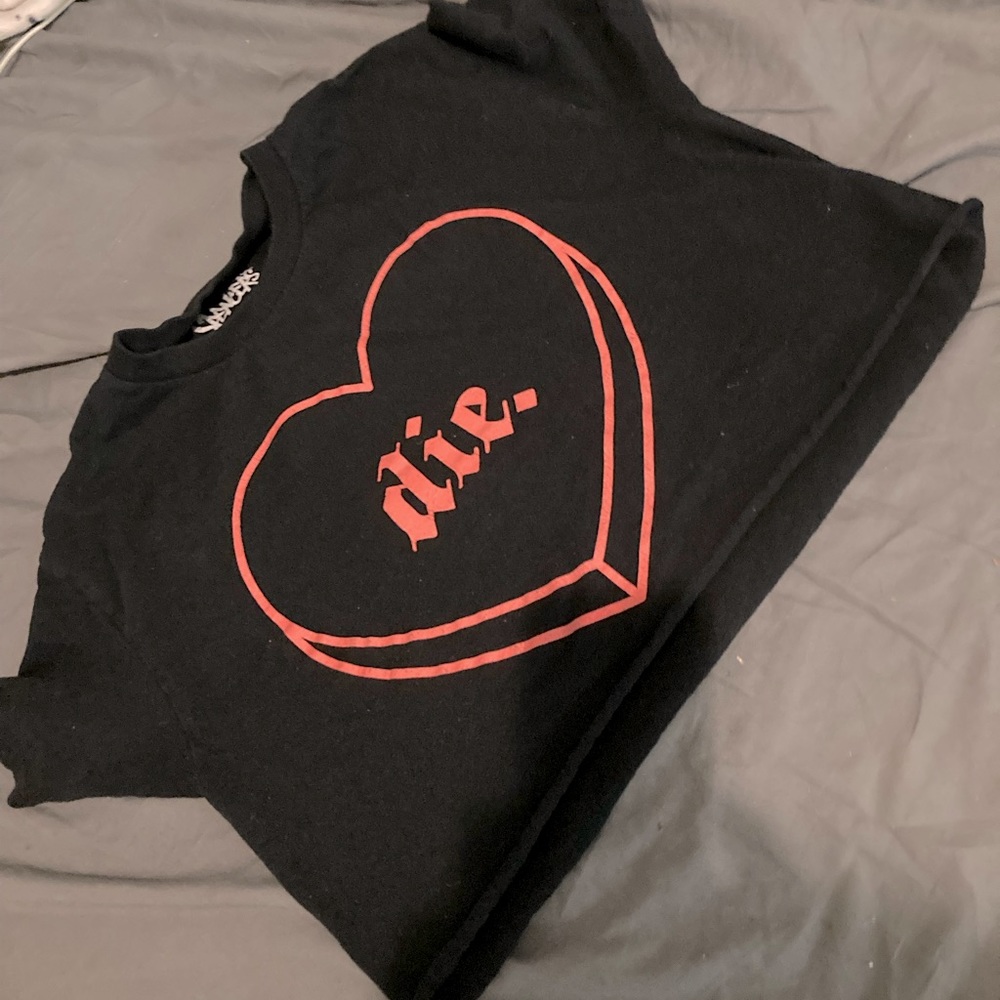 Spencer’s Candy Heart DIY Crop Tee, “Die” my Valentine top, black and coral